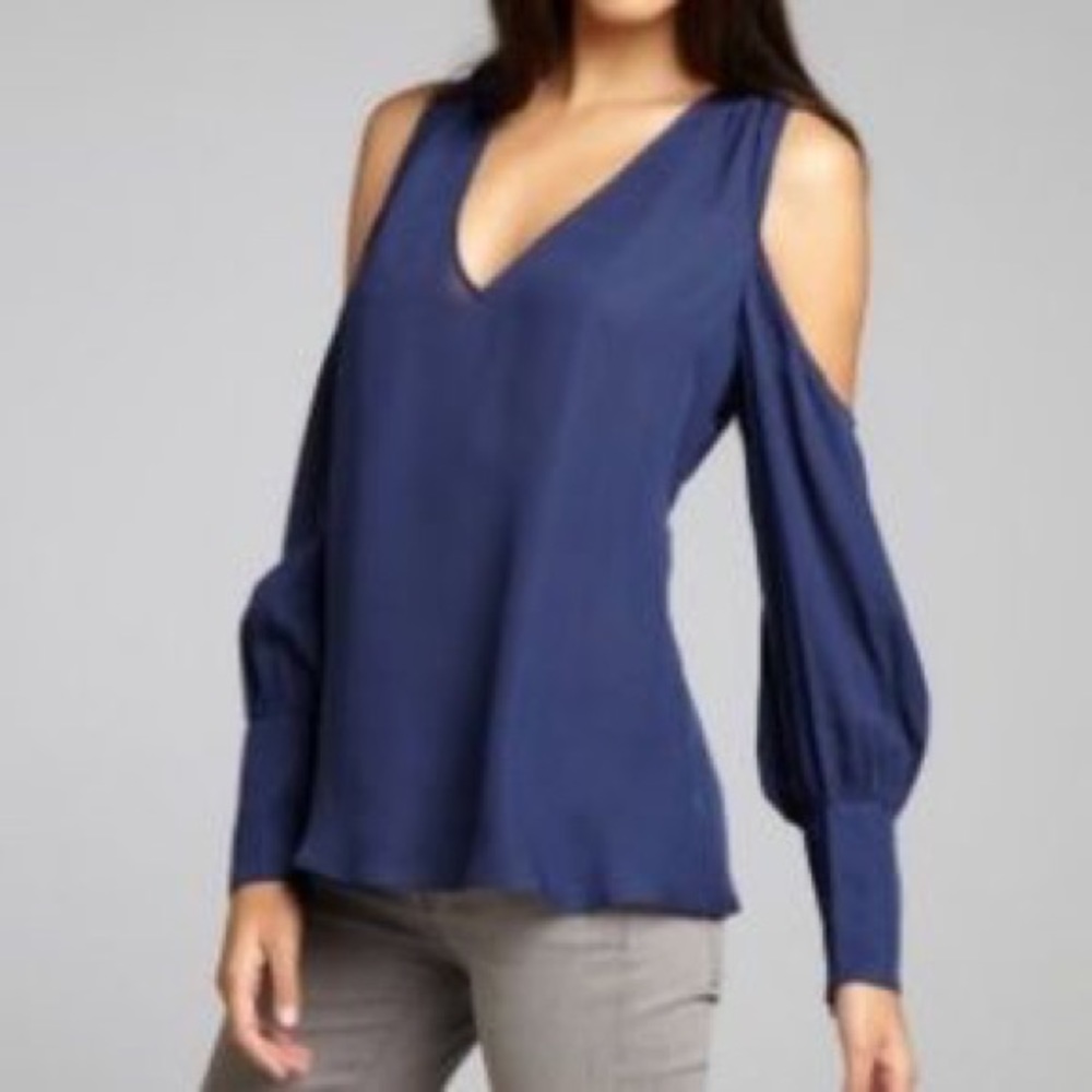 Chelsea Flower SILK Open Shoulder Navy Top Large